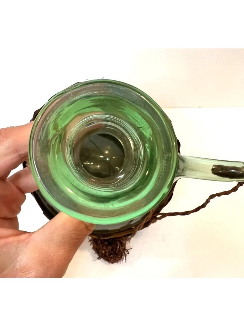 Vintage Green Glass Italian Decanter Woven Basket Mid Century Modern Barware